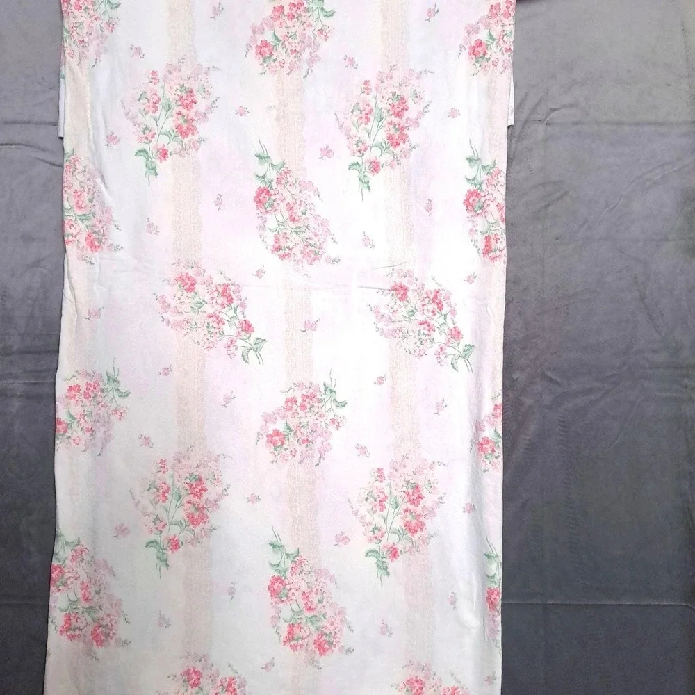 VTG Stevens Floral Flat Bed Sheet Twin White Pink Lace Stripe Cottagecore Fabric